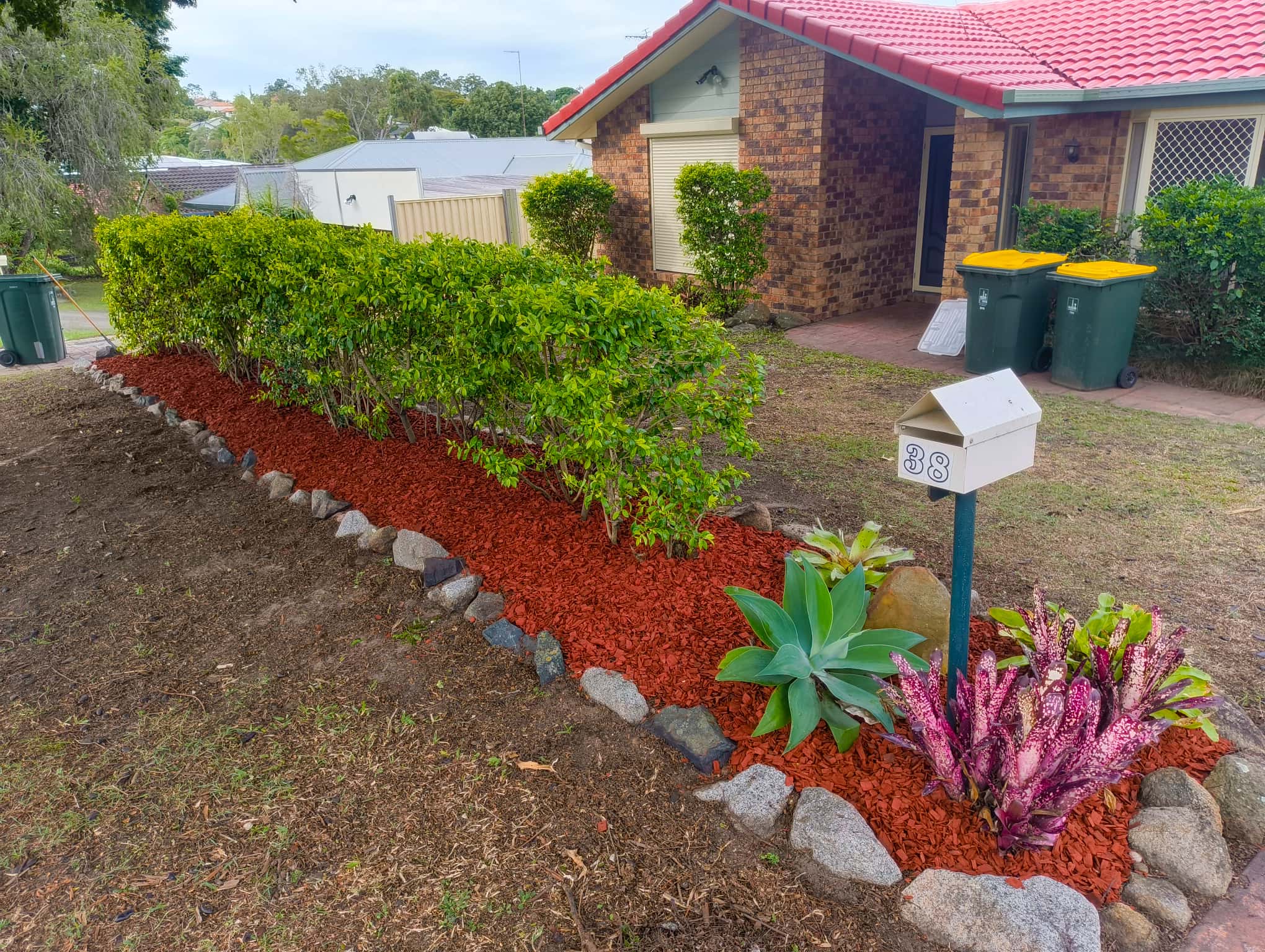 Gardener cutting back overgrown shrubs and trees in a residential garden