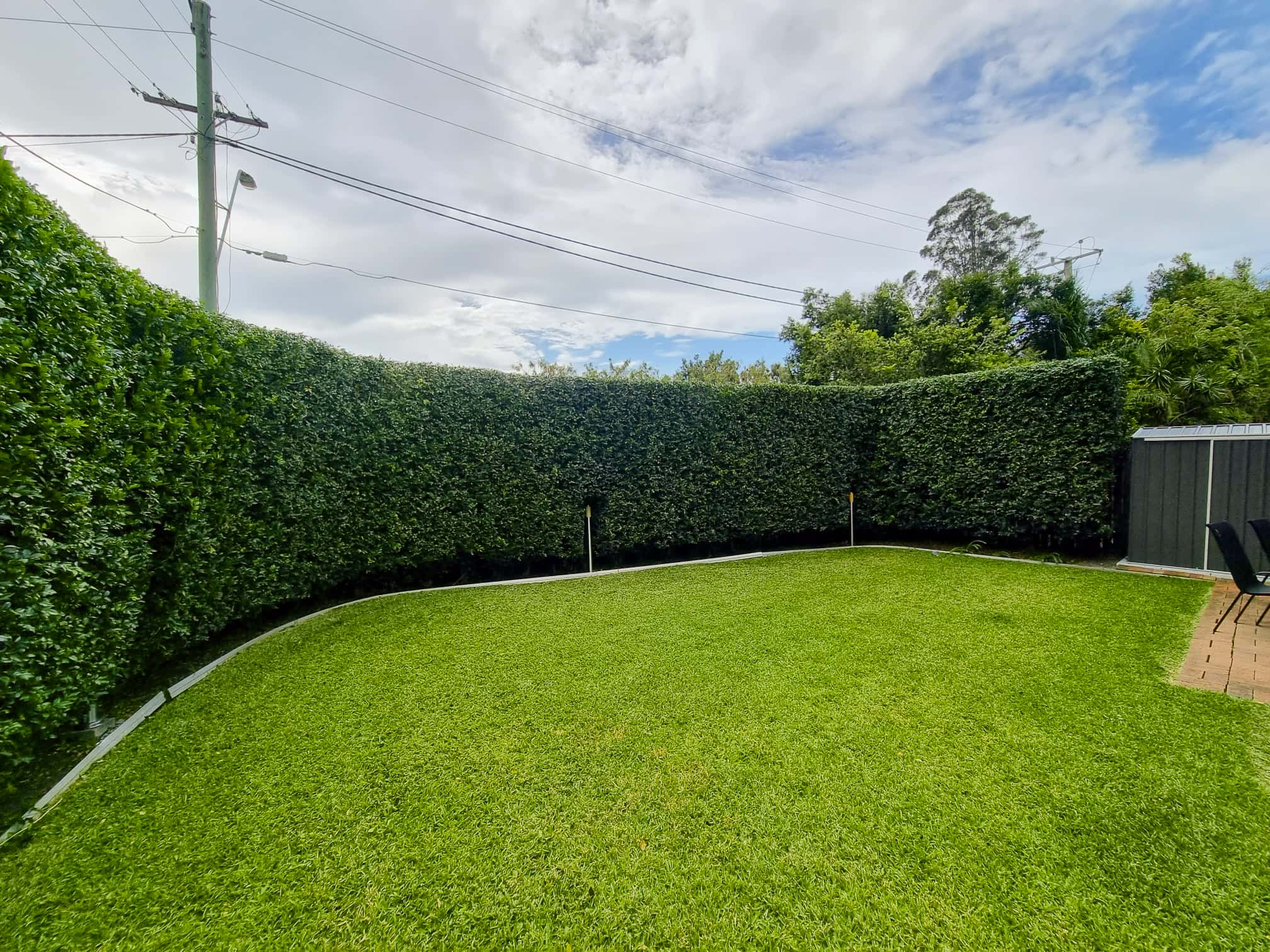 Neat residential garden with manicured lawn and shaped hedges